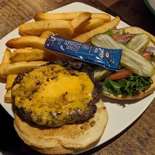 a cheeseburger and fries