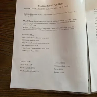 Breakfast menu