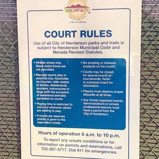 Tennis Quart Rules (Hours 6am - 10pm)