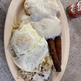 Breakfast special included 2 eggs, sausage or bacon, hash browns, and your choice of toast or biscuits and gravy.