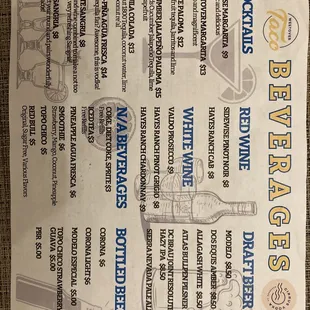 Drinks menu