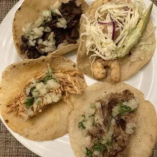 Tacos:  pollo tinga, carne asada, carnitas, camaron
