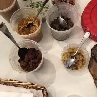 Chicken, Beef, Al Pastor and beans and rice