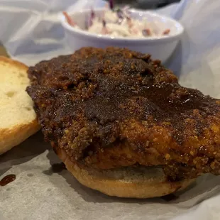 Nashville hot chicken sandwich (all the fixings on the side)- spicy &amp; very good