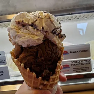 Top scoop: Double Nutter Peanut Butter Bottom scoop: Chocolate Peanut Butter
