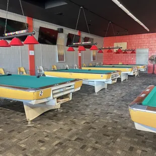 billiard tables in a pool hall