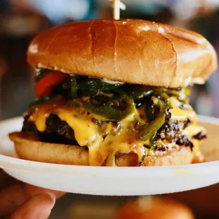 Classic Double Cheeseburger with cheddar, japs, mayo, tomato and pickles. (Burger was not seasoned at all lacked flavor )