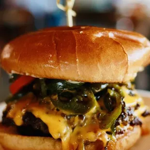 Classic Double Cheeseburger with cheddar, japs, mayo, tomato and pickles. (Burger was not seasoned at all lacked flavor )