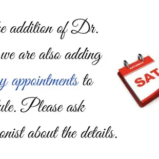 WE NOW HAVE SATURDAY APPOINTMENTS!!