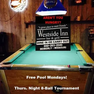 Free Pool on Mondays Thur Nite 8-Ball Tournament $5 entry starts @ 6:30