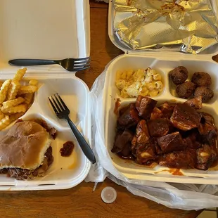 Sliced Beef Sandwich and Fries with Rib Tip Plate, Mac &amp; Cheese and Hush Puppies