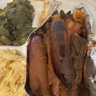 2 Meat Combo Dinner Greens-Mac- Ribs and hot links