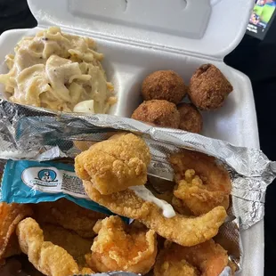 Catfish, Shrimp, Macaroni &amp; Cheese and hush puppies