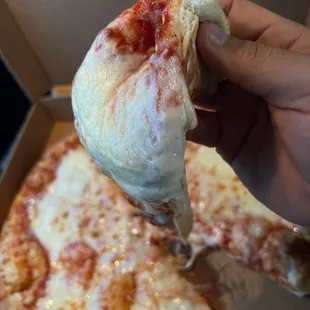 a hand holding a slice of pizza