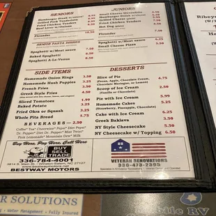the menu and prices