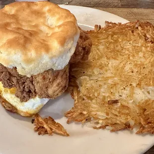 Fried Chicken, egg &amp; cheese biscuit brunch sandwich