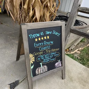 a chalkboard sign for the winery