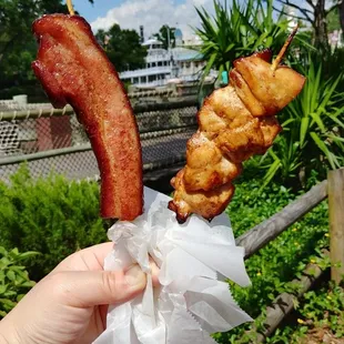 candied bacon skewer, sweet and spicy chicken skewer