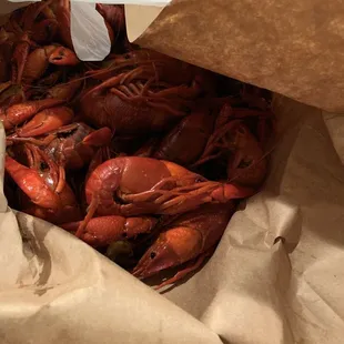 Bright red, clean, juicy, hot, seasoned just right crawfish.
