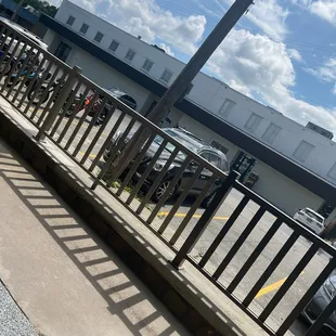 View from inside out open garage door