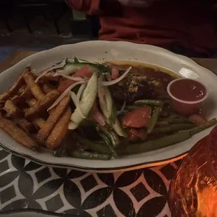 Grilled Skirt Steak, Sweet Potato Fries, Market Veggies, and Chimichurri