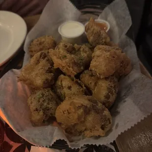 Crispy Cauliflower in Tempura Batter, served with Blue Cheese and Buffalo Sauce