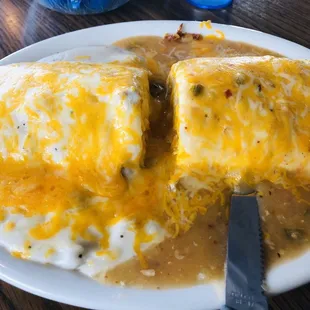 Breakfast burrito. Asked for half green chili half country gravy