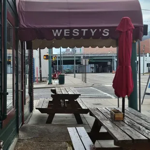a picnic table and umbrella
