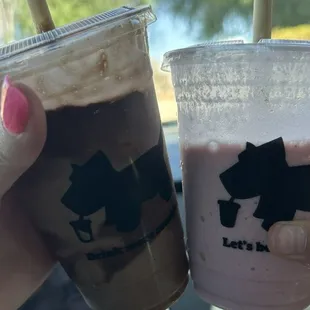 Chocolate lover and strawberry banana smoothie.