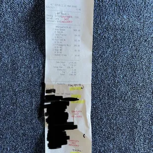 Our receipt, as you can see there are taxes and fees (227 we still don't know what that was for?). Does not include gratuity.