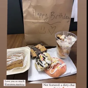 Coffee cake, peanut butter fudge brownie, birthday cookie, strawberry pop tart cookie, cinnamon roll bites