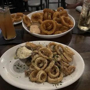 Onion Rings (after consuming half of them) and the Calamari appetizer.