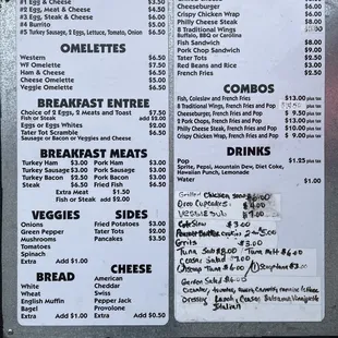 a menu for breakfast and lunch items