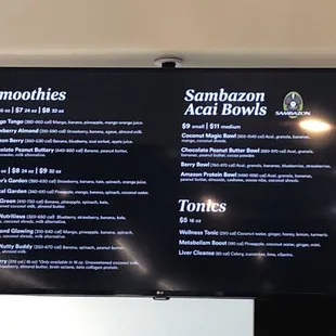 menu: smoothies, acai bowls and tonics