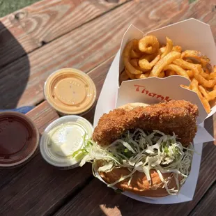 Pork Cutlet sando with curly Fries.