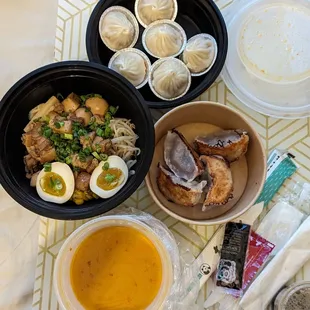 Tantanmen ramen, shrimp dumplings, and soup dumplings.