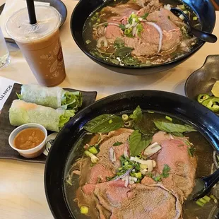 Rib eye pho, shrimp spring roll, HK milk tea