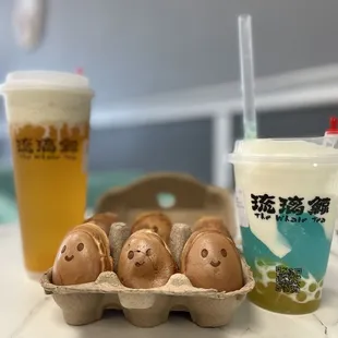 Mango Fruit Tea + milk foam, chocolate smiley egg waffles , Blue Crystal (Coconut Milk) + mango popping boba