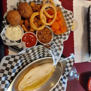 Fried clams and broiled catfish dinner, delicious!