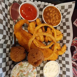 Fried catfish, fried shrimp, onion rings, hush puppies and coleslaw $13.99
