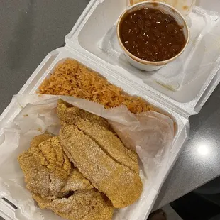 Large Catfish Fillet Dinner with rice and beans.