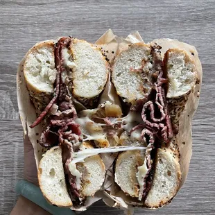 The pastrami (added grilled onions) on everything bagel.