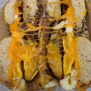 Bacon egg and cheese on everything bagel