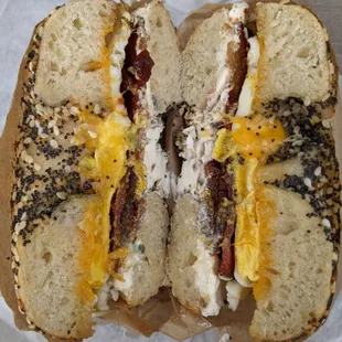 Bacon egg and cheese AND bacon jalapeno smear on everything bagel