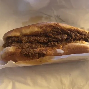 Hot Dog with Chili, Mustard, Onion