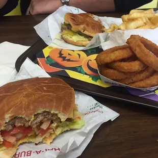 What-A-Cheeseburger, onion rings, and fries. Not the best I&apos;ve had, but it was pretty good