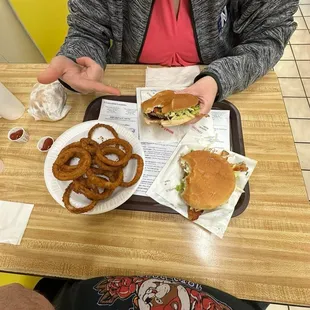 Onion rings and what-a-cheeseburger with bacon