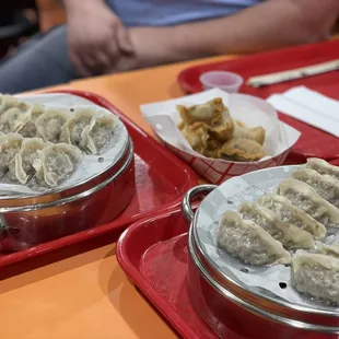 Traditional dumplings (steamed and fried) and beef dumplings.