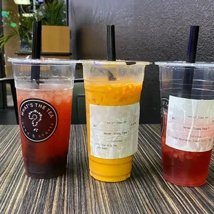 Jasmine Green Tea w Strawberry and Boba, Thai Milk Tea, Fresh Watermelon Dragon Fruit Tea
