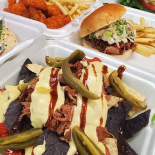 Vegan Nachos, Cauliflower wings, BBQ Jackfruit and Vegan mushroom Philly